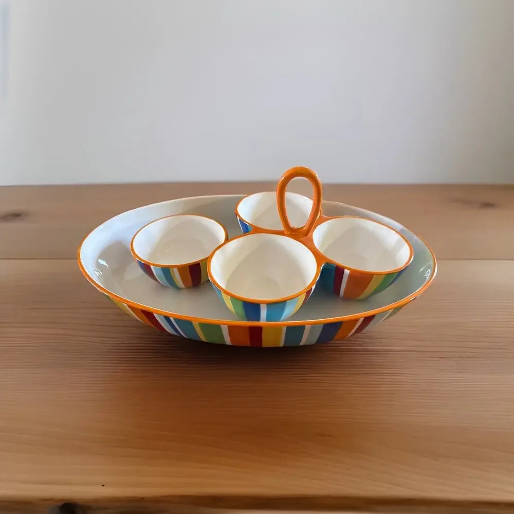 Crate & Barrel Raya Carnivale Stripe Serving Set Oval Bowl 3 Section Condiment